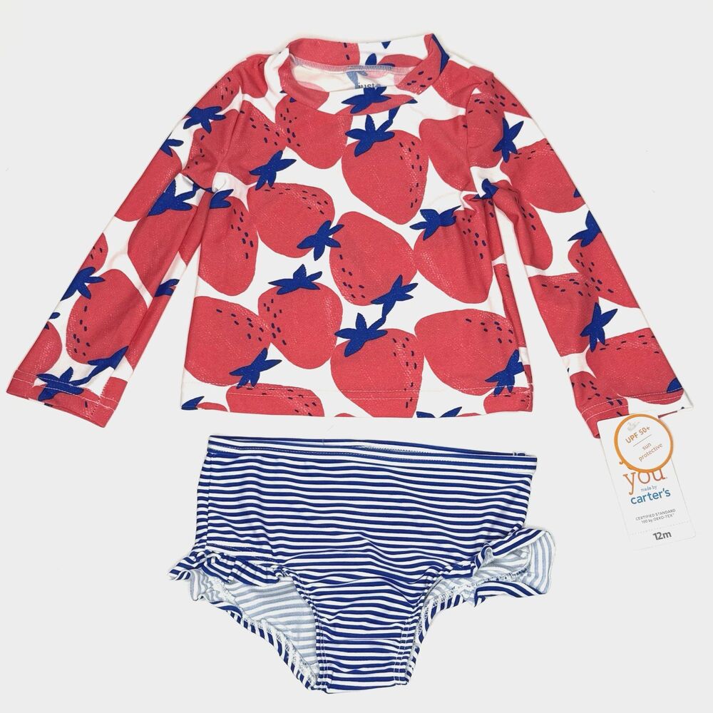 Carter's Baby Girl Berry Red Rash Guard Ruffle Bottom 2pc Swim Set Size 12M New!